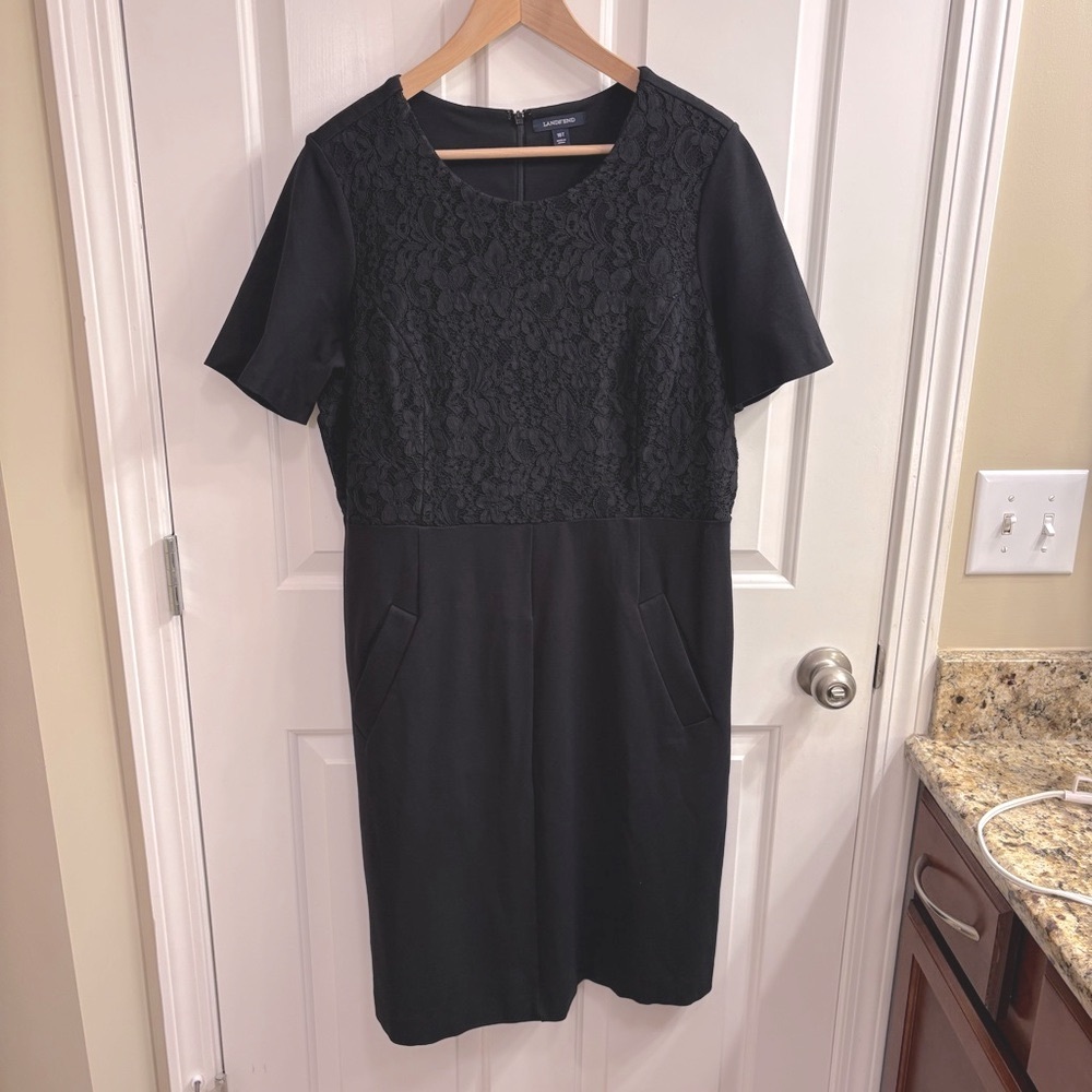 TALL Lands' End Black Lace Front Sheath Dress Crew Neck Short Sleeve 18 Tall